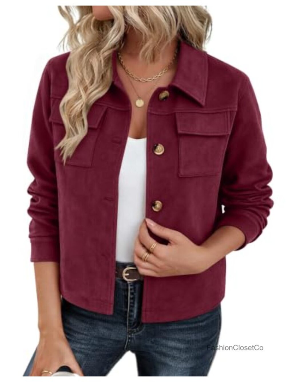 Faux Suede Cropped Jacket Button Up Shacket Long Sleeve Casual Fall Coat